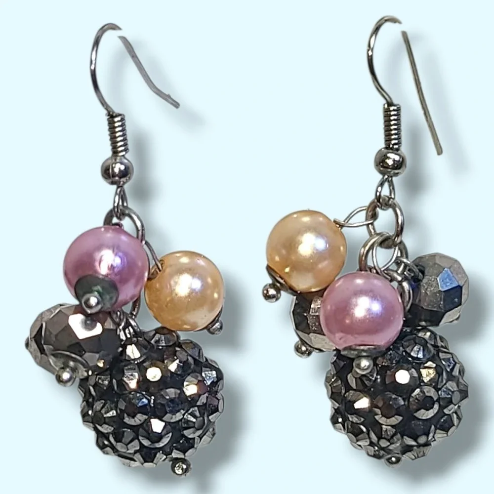 Silver Tone Rhinestone Disco Ball Faux Pearl‎ Cluster Dangle Earrings